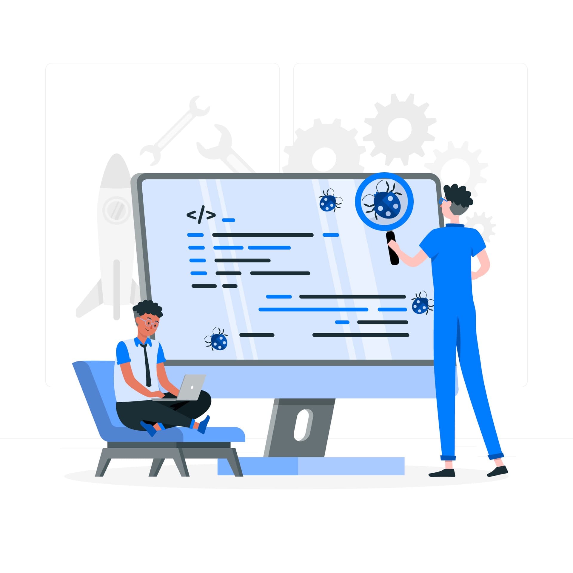 Illustration of engineers maintaining and supporting software