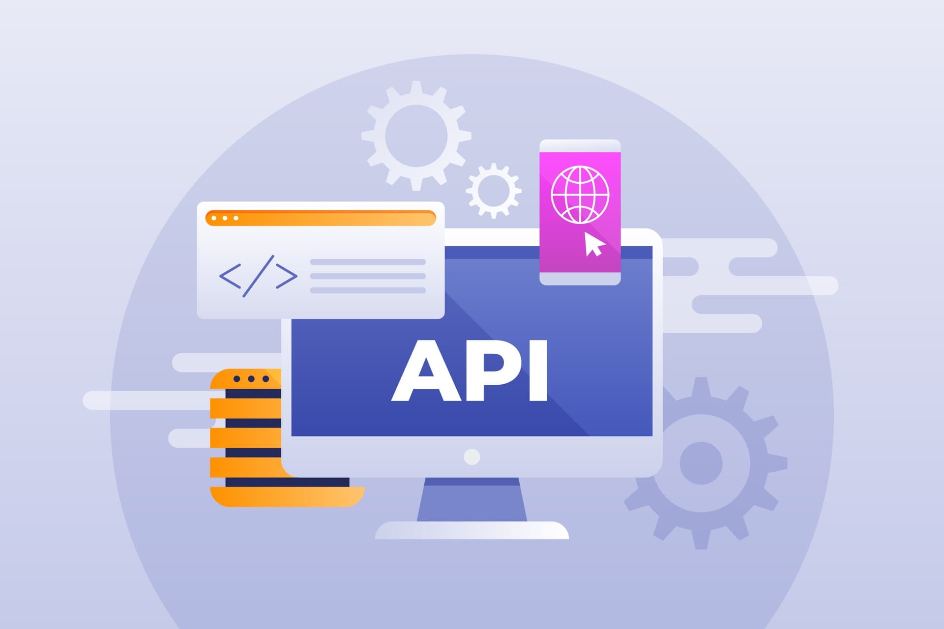 Illustration of connected systems integrating through APIs